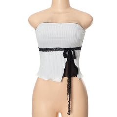 Bowknot lace hem ribbed patchwork slit backless ruffle tube top