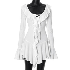 Long flared sleeve ruffle v neck mini dress