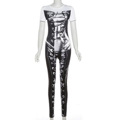 Short sleeve crewneck body print zip-up jumpsuit