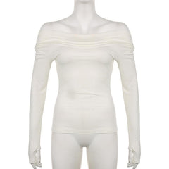 Long sleeve off shoulder ruched solid gloves top