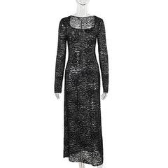 Long sleeve u neck lace slit maxi dress