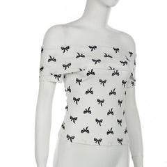 Off shoulder bowknot ribbed print top