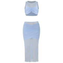 Crewneck sleeveless ruched mesh crop maxi skirt set-final-sale