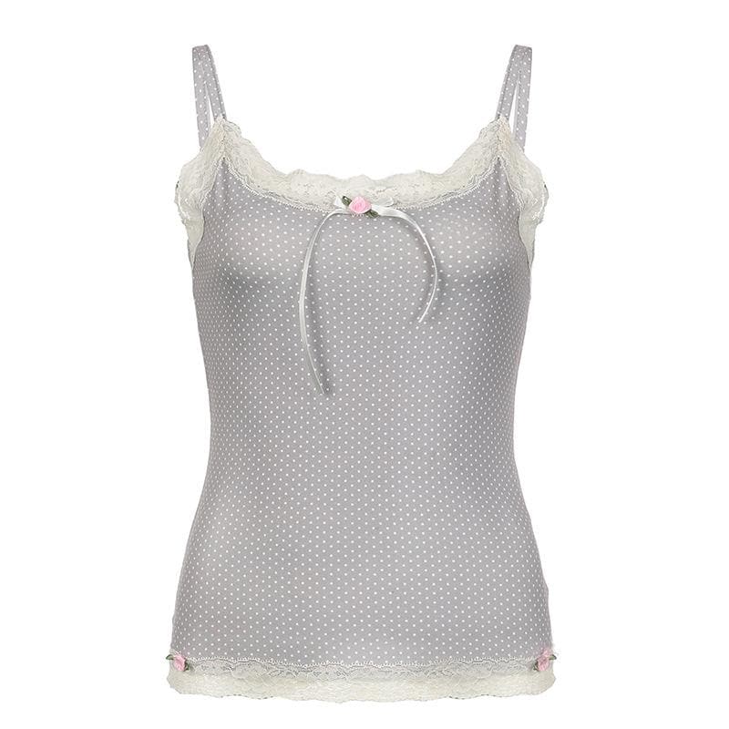 Lace hem polka dot rose applique cami top