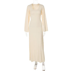 Long sleeve u neck ribbed solid maxi dress