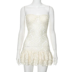 Lace ruffle sweetheart neck tube mini dress