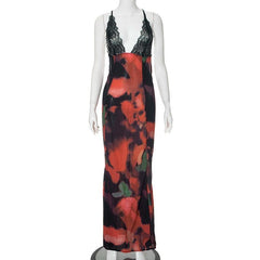 V neck lace hem backless print cami maxi dress