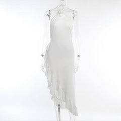 Ruffle solid flower applique halter backless irregular midi dress-final-sale