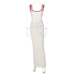 U neck backless knitted self tie cami maxi dress