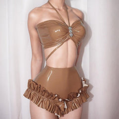 PU leather ruffled halter heart button pant set
