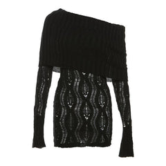 Crochet off shoulder long sleeve hollow out cut out mini dress