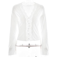 Long sleeve deep V neck lace hem hollow out cut out top