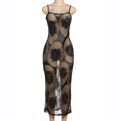 Rose pattern fishnet see through cami midi dress