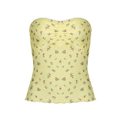 Ruched ruffle print flower applique tube top