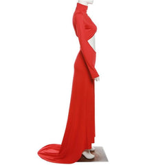 Hollow out solid long sleeve high neck zip-up cut out maxi dress-final-sale