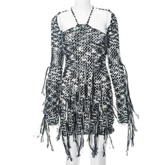 Long sleeve knitted tassels cross back contrast mini dress