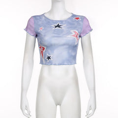 Ruffle star pattern contrast cap sleeve tie dye crop top