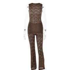 Crewneck lace sleeveless solid medium rise pant set
