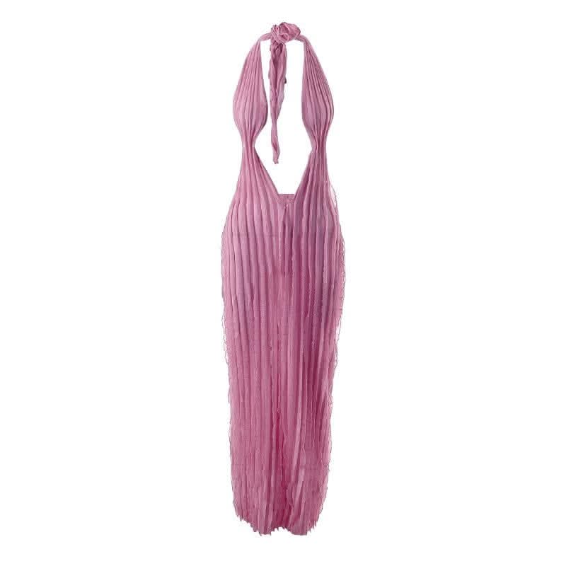 Textured ruffle solid halter self tie v neck backless maxi dress-final-sale
