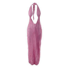 Textured ruffle solid halter self tie v neck backless maxi dress-final-sale
