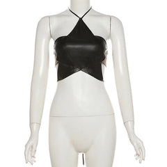 Halter PU leather star pattern backless crop top