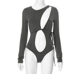 Hollow out long sleeve irregular self tie button bodysuit