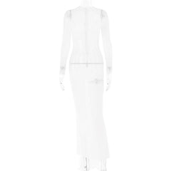 Long sleeve sheer mesh zip-up stitch maxi dress