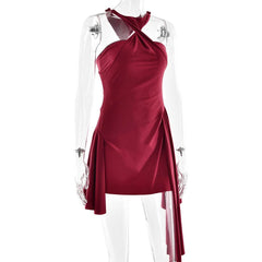 Halter ruched solid mini dress