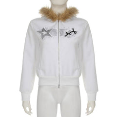 Zip-up beaded fluffy hoodie bowknot long sleeve top