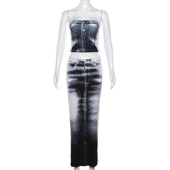 Contrast denim print slit backless tube maxi skirt set-final-sale