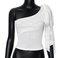 One shoulder lace knotted crop top