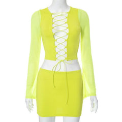 Long sleeve hollow out lace up mesh mini skirt set-final-sale