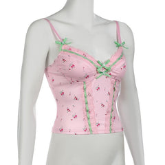 Flower print lace hem bowknot cami top