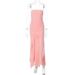 Ruched solid slit irregular backless tube maxi dress-final-sale