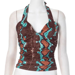 Ruched self tie halter v neck print contrast top