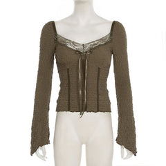 Long sleeve textured bowknot lace hem top