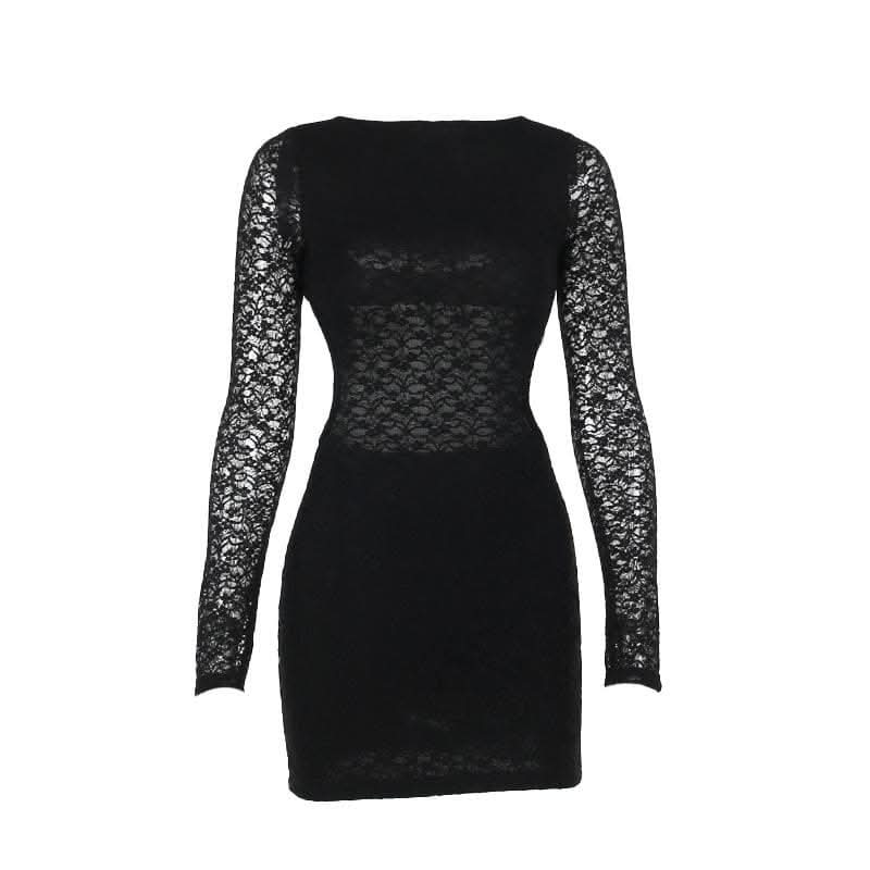 Lace solid long sleeve backless hollow out self tie cut out mini dress-final-sale