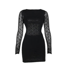 Lace solid long sleeve backless hollow out self tie cut out mini dress-final-sale
