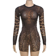 Crewneck long sleeve leopard print mesh mini dress