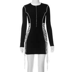 Crewneck long sleeve zip-up lace up contrast mini dress-final-sale