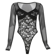 Long sleeve lace v neck letter print button bodysuit
