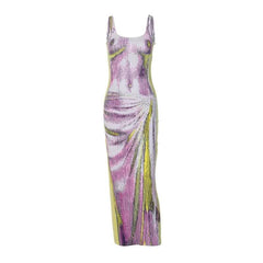 Body pattern contrast u neck sleeveless backless maxi dress-final-sale