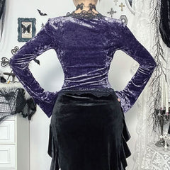 Long sleeve lace hem velvet v neck contrast top