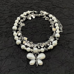 White butterfly decor faux pearl choker necklace