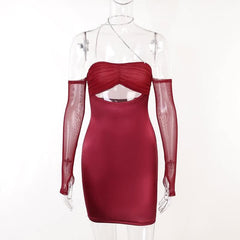 Mesh gloves solid halter ruched hollow out off shoulder cut out mini dress-final-sale