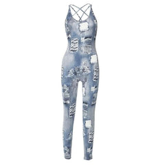 Denim print cross back u neck sleeveless jumpsuit-final-sale