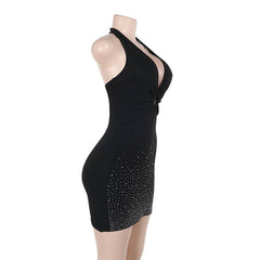 Halter self tie beaded ruched v neck mini dress