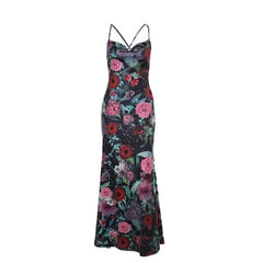 Cowl neck flower print contrast backless cami maxi dress-final-sale