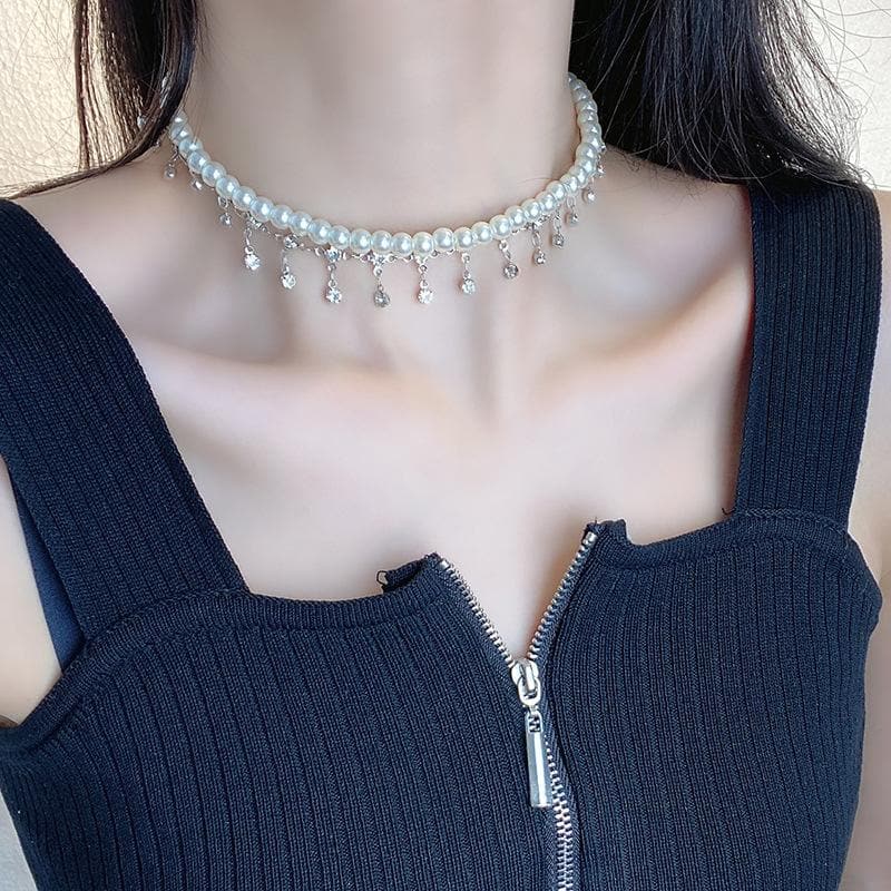 Faux pearl layered tassels choker necklace