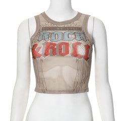 Sheer mesh letter print crewneck tank top
